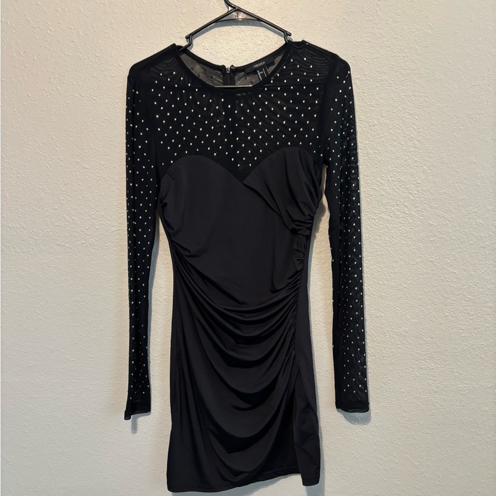 Forever 21 Black Ruched Long Sleeve Bodycon Dress